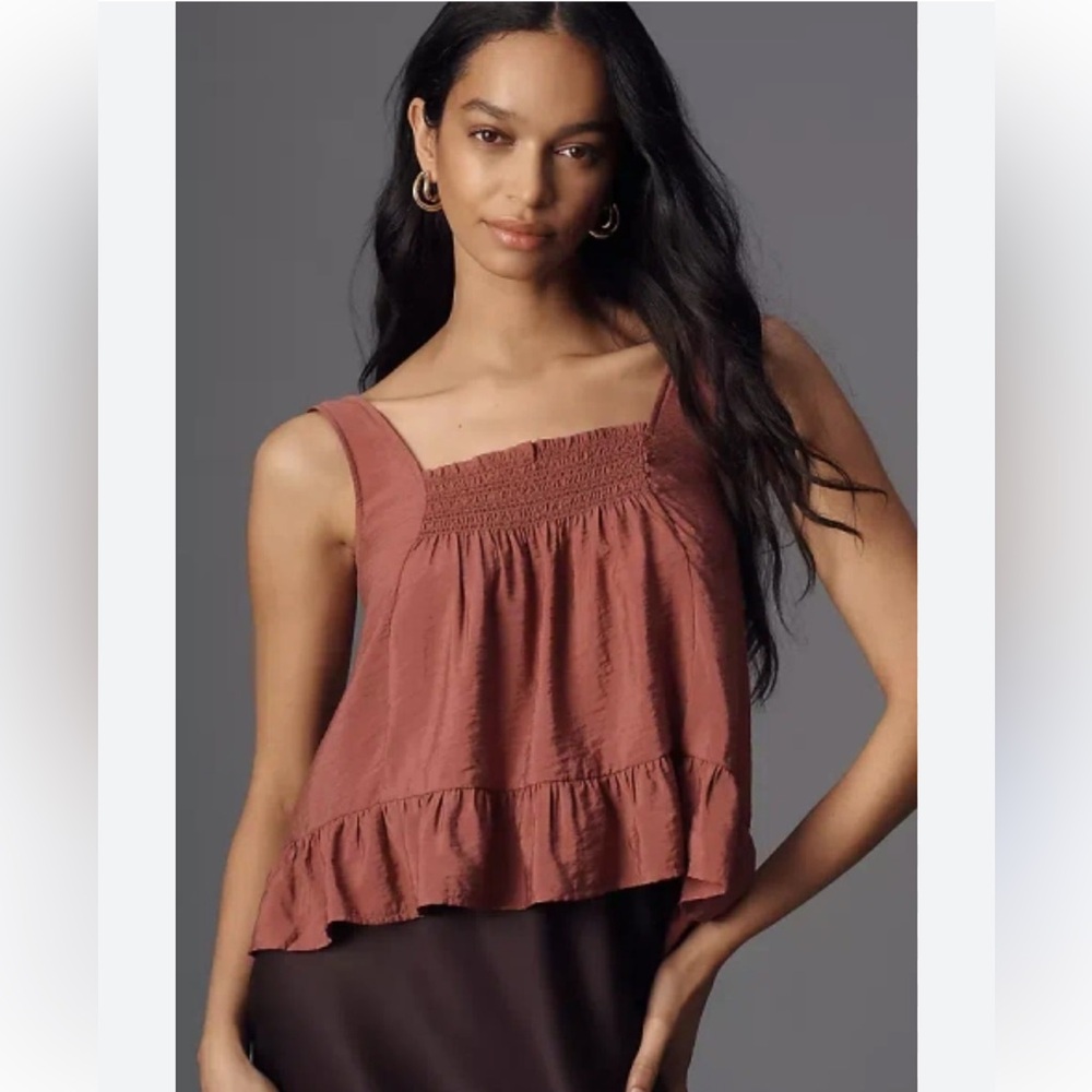 NWT Maeve Anthropologie Smocked Ruffle Swing Tank Top Shirt Mauve Size M
